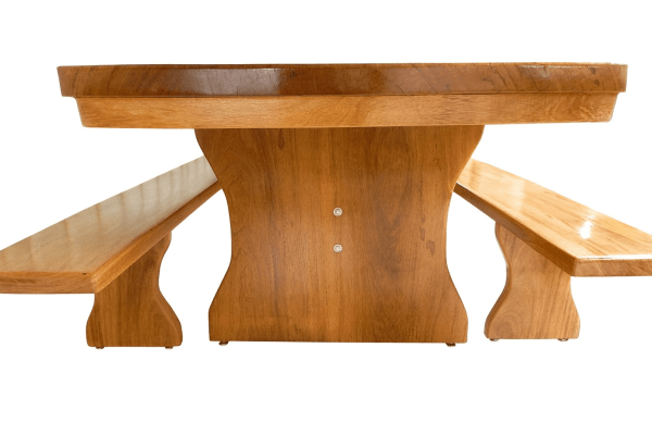 Conjunto Mesa Rústica Churrasco (300cm x 86cm x 6,5cm) com 2 Bancos Rústicos (300cm X 35cm x 5cm ) de Madeira Maciça de Angelim – 10 lugares