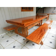 Conjunto Mesa Rústica Churrasco (320cm x 90cm) com 10 Cadeiras Coloniais  Rústicas de Madeira Maciça de Angelim - Pés Formato Taça - Acabamento  Verniz