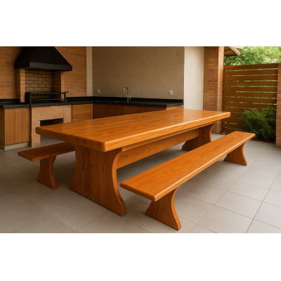 Conjunto Mesa Rústica Churrasco (350cm x 90cm) com 2 Bancos Rústicos (350cm X 36cm) de Madeira Maciça de Angelim – Pés Taça - Acabamento Verniz Auto Brilho - 12 lugares
