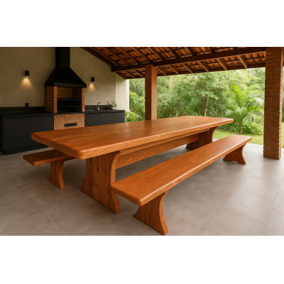 Conjunto Mesa Rústica Churrasco (350cm x 90cm) com 2 Bancos Rústicos (350cm X 36cm) de Madeira Maciça de Angelim – Pés Taça - Acabamento Verniz Auto Brilho - 12 lugares