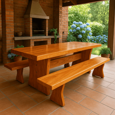 Conjunto Mesa Rústica Churrasco Tampão(2,5mts x 85cm x 5,5cm) com 2 Bancos Rústicos (2,5mts X 36cm x 4cm) tudo em Madeira Maciça de Angelim – Pés formato Taça - Acabamento Verniz Auto Brilho - 08 lugares