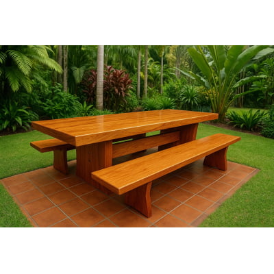 Conjunto Mesa Rústica Churrasco Tampão(2,5mts x 85cm x 5,5cm) com 2 Bancos Rústicos (2,5mts X 36cm x 4cm) tudo em Madeira Maciça de Angelim – Pés formato Taça - Acabamento Verniz Auto Brilho - 08 lugares