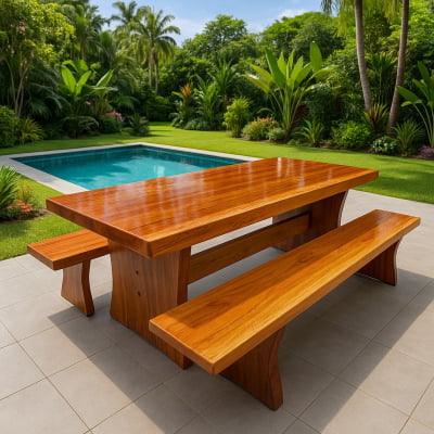 Conjunto Mesa Rústica Churrasco Tampão(2,5mts x 85cm x 5,5cm) com 2 Bancos Rústicos (2,5mts X 36cm x 4cm) tudo em Madeira Maciça de Angelim – Pés formato Taça - Acabamento Verniz Auto Brilho - 08 lugares