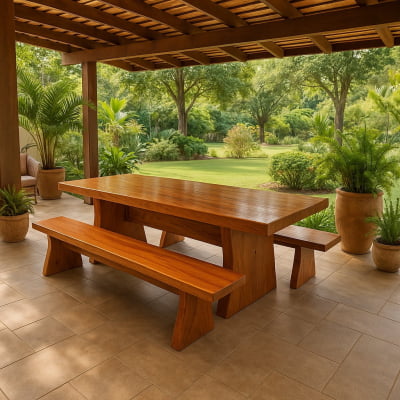 Conjunto Mesa Rústica Churrasco Tampão(2,5mts x 85cm x 5,5cm) com 2 Bancos Rústicos (2,5mts X 36cm x 4cm) tudo em Madeira Maciça de Angelim – Pés formato Taça - Acabamento Verniz Auto Brilho - 08 lugares