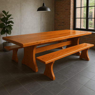 Conjunto Mesa Rústica Churrasco Tampão(2,5mts x 85cm x 5,5cm) com 2 Bancos Rústicos (2,5mts X 36cm x 4cm) tudo em Madeira Maciça de Angelim – Pés formato Taça - Acabamento Verniz Auto Brilho - 08 lugares