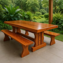 Conjunto Mesa Rústica Churrasco Tampão(250cm x 85cm x  6cm) Pés formato Torre,  com 2 Bancos Rústicos Tampão(250cm x 36cm x 4cm) de Madeira Maciça de Angelim – 10 lugares