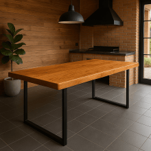 Conjunto Mesa Rústica Churrasco Tampão(250cm x 85cm x  6cm) Pés formato Torre,  com 2 Bancos Rústicos Tampão(250cm x 36cm x 4cm) de Madeira Maciça de Angelim – 10 lugares