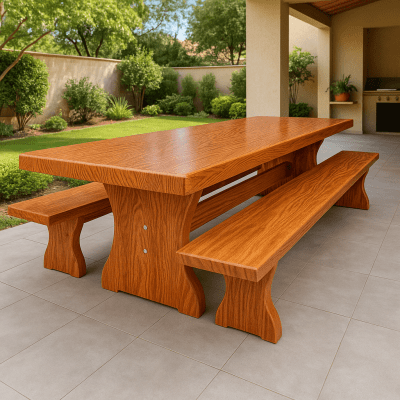Conjunto Mesa Rústica Churrasco Tampão(300cm x 85cm x  6cm) Pés formato Taça,  com 2 Bancos Rústicos Tampão(300cm x 36cm x 4cm) de Madeira Maciça de Angelim – 10 lugares