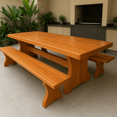 Conjunto Mesa Rústica Churrasco Tampão(300cm x 85cm x  6cm) Pés formato Taça,  com 2 Bancos Rústicos Tampão(300cm x 36cm x 4cm) de Madeira Maciça de Angelim – 10 lugares