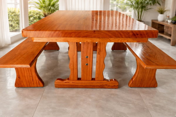 Conjunto Mesa Rústica Jantar Tampo(160cm x 85cm x 6cm ) com 2 Bancos Laterais Tampo(160cm X 35cm X 4cm) - Pés Torre - Madeira Maciça de Angelim – 6 lugares