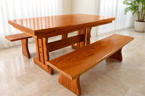 Conjunto Mesa Rústica Jantar Tampo(160cm x 85cm x 6cm ) com 2 Bancos Laterais Tampo(160cm X 35cm X 4cm) - Pés Torre - Madeira Maciça de Angelim – 6 lugares