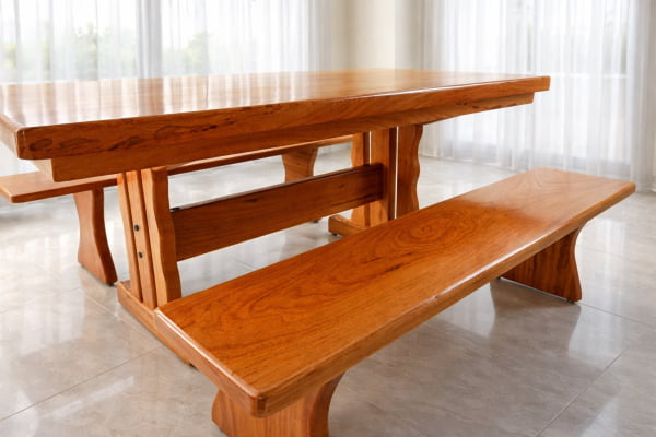 Conjunto Mesa Rústica Jantar Tampo(160cm x 85cm x 6cm ) com 2 Bancos Laterais Tampo(160cm X 35cm X 4cm) - Pés Torre - Madeira Maciça de Angelim – 6 lugares