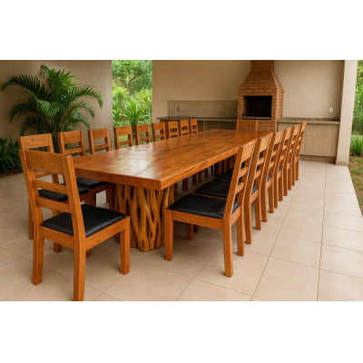 CONJUNTO MESA RÚSTICA MADEIRA MACIÇA ANGELIM TAMPÃO (600CM X 92CM X 6,0CM) COM 18 SEMI-POLTRONAS ESTOFADAS NO ASSENTO, SEM ENCOSTO P/BRAÇOS PÉS DA MESA EM GUARANTÃ ACABAMENTO VERNIZ AUTO-BRILHO