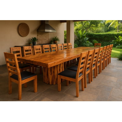 CONJUNTO MESA RÚSTICA MADEIRA MACIÇA ANGELIM TAMPÃO (600CM X 92CM X 6,0CM) COM 18 SEMI-POLTRONAS ESTOFADAS NO ASSENTO, SEM ENCOSTO P/BRAÇOS PÉS DA MESA EM GUARANTÃ ACABAMENTO VERNIZ AUTO-BRILHO