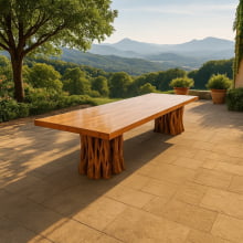 CONJUNTO MESA RÚSTICA MADEIRA MACIÇA ANGELIM TAMPÃO (600CM X 92CM X 6,0CM) COM 18 SEMI-POLTRONAS ESTOFADAS NO ASSENTO, SEM ENCOSTO P/BRAÇOS PÉS DA MESA EM GUARANTÃ ACABAMENTO VERNIZ AUTO-BRILHO