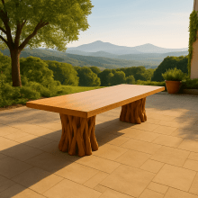 CONJUNTO MESA RÚSTICA MADEIRA MACIÇA ANGELIM TAMPÃO (600CM X 92CM X 6,0CM) COM 18 SEMI-POLTRONAS ESTOFADAS NO ASSENTO, SEM ENCOSTO P/BRAÇOS PÉS DA MESA EM GUARANTÃ ACABAMENTO VERNIZ AUTO-BRILHO