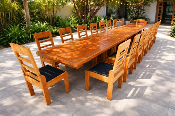 CONJUNTO MESA RÚSTICA MADEIRA MACIÇA ANGELIM TAMPÃO (600CM X 92CM X 6,0CM) COM 18 SEMI-POLTRONAS ESTOFADAS NO ASSENTO, SEM ENCOSTO P/BRAÇOS PÉS DA MESA EM GUARANTÃ ACABAMENTO VERNIZ AUTO-BRILHO