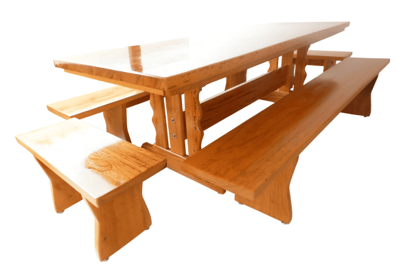 Conjunto Mesa Rústica Tampão(250cm x 85cm x  6cm) Pés Mesa Torre,  com 2 Bancos Laterais Tampão(250cm x 36cm x 4cm) e 2 Bancos Cabeceira Tampão(85cm x 36cm x 4cm) de Madeira Maciça de Angelim – 10 lugares