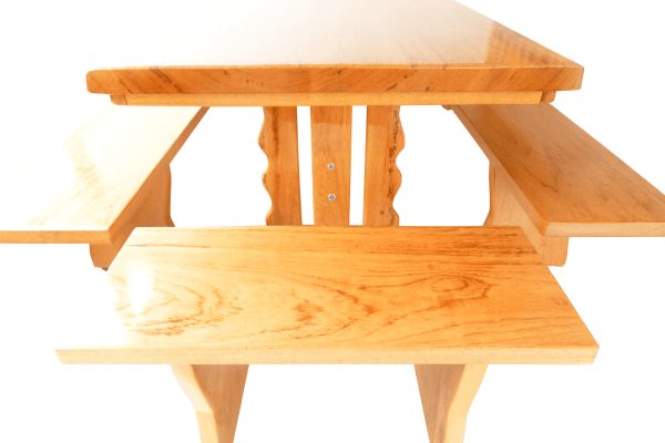 Conjunto Mesa Rústica Tampão(250cm x 85cm x  6cm) Pés Mesa Torre,  com 2 Bancos Laterais Tampão(250cm x 36cm x 4cm) e 2 Bancos Cabeceira Tampão(85cm x 36cm x 4cm) de Madeira Maciça de Angelim – 10 lugares