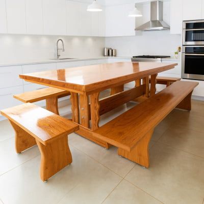 Conjunto Mesa Rústica Tampão(250cm x 85cm x  6cm) Pés Mesa Torre,  com 2 Bancos Laterais Tampão(250cm x 36cm x 4cm) e 2 Bancos Cabeceira Tampão(85cm x 36cm x 4cm) de Madeira Maciça de Angelim – 10 lugares