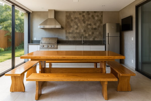 Conjunto Mesa Rústica Tampão(250cm x 85cm x  6cm) Pés Mesa Torre,  com 2 Bancos Laterais Tampão(250cm x 36cm x 4cm) e 2 Bancos Cabeceira Tampão(85cm x 36cm x 4cm) de Madeira Maciça de Angelim – 10 lugares