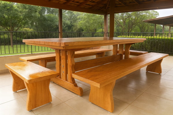 Conjunto Mesa Rústica Tampão(250cm x 85cm x  6cm) Pés Mesa Torre,  com 2 Bancos Laterais Tampão(250cm x 36cm x 4cm) e 2 Bancos Cabeceira Tampão(85cm x 36cm x 4cm) de Madeira Maciça de Angelim – 10 lugares