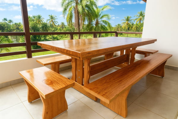 Conjunto Mesa Rústica Tampão(250cm x 85cm x  6cm) Pés Mesa Torre,  com 2 Bancos Laterais Tampão(250cm x 36cm x 4cm) e 2 Bancos Cabeceira Tampão(85cm x 36cm x 4cm) de Madeira Maciça de Angelim – 10 lugares