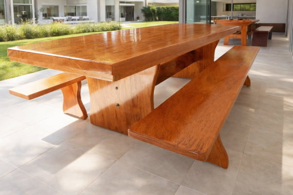 Mesa Rústica Angelim Pedra Tampo Medida (250cm x 85cm x 6cm) com Pés formato Taça - Acabamento Verniz Auto-Brilho - SEM BANCOS - 08 Lugares