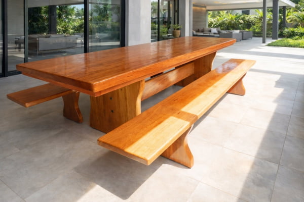 Mesa Rústica Angelim Pedra Tampo Medida (250cm x 85cm x 6cm) com Pés formato Taça - Acabamento Verniz Auto-Brilho - SEM BANCOS - 08 Lugares