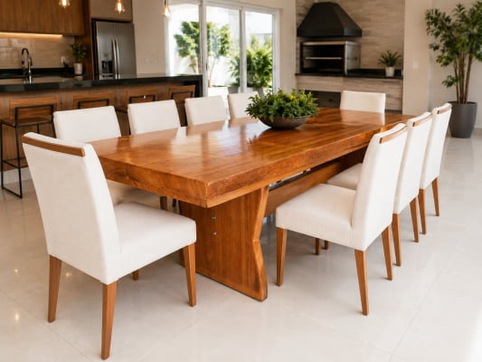 Mesa Rústica Angelim Pedra Tampo Medida (250cm x 85cm x 6cm) com Pés formato Taça - Acabamento Verniz Auto-Brilho - SEM BANCOS E SEM CADEIRAS - 08 Lugares