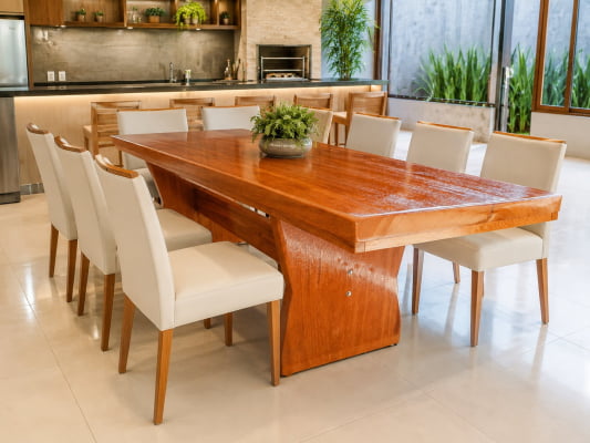 Mesa Rústica Angelim Pedra Tampo Medida (250cm x 85cm x 6cm) com Pés formato Taça - Acabamento Verniz Auto-Brilho - SEM BANCOS E SEM CADEIRAS - 08 Lugares