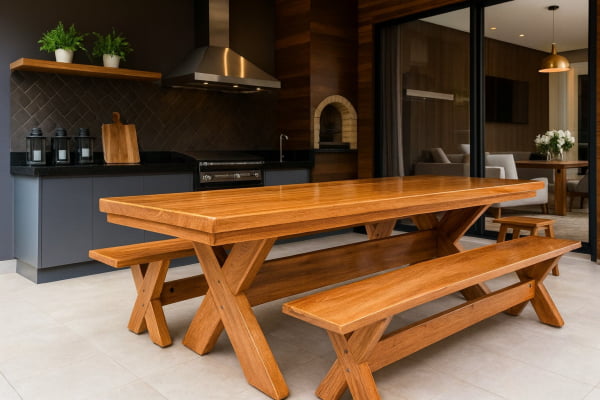 Mesa Rústica Tampão(2,10mts x 86cm x 5,5cm) com 2 bancos (2,10mts x 35cm x 4cm) Madeira Maciça Angelim pedra - Verniz Auto Brilho - Pés da Mesa/Banco formato X