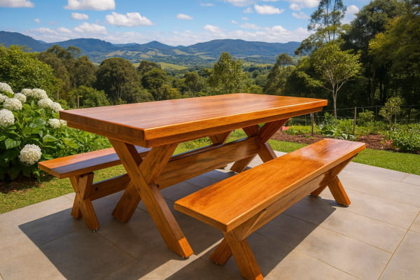 Mesa Rústica Tampão(2,10mts x 86cm x 5,5cm) com 2 bancos (2,10mts x 35cm x 4cm) Madeira Maciça Angelim pedra - Verniz Auto Brilho - Pés da Mesa/Banco formato X