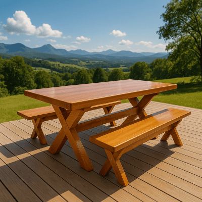 Mesa Rústica Tampão(2,10mts x 90cm x 5,0cm) com 2 bancos (2,10mts x 35cm x 4cm) Madeira Maciça Angelim pedra - Verniz Auto Brilho Pés da Mesa/Banco formato X