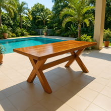 Mesa Rústica Tampão(2,10mts x 90cm x 5,0cm) com 2 bancos (2,10mts x 35cm x 4cm) Madeira Maciça Angelim pedra - Verniz Auto Brilho Pés da Mesa/Banco formato X