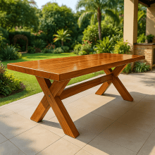 Mesa Rústica Tampão(2,10mts x 90cm x 5,0cm) com 2 bancos (2,10mts x 35cm x 4cm) Madeira Maciça Angelim pedra - Verniz Auto Brilho Pés da Mesa/Banco formato X