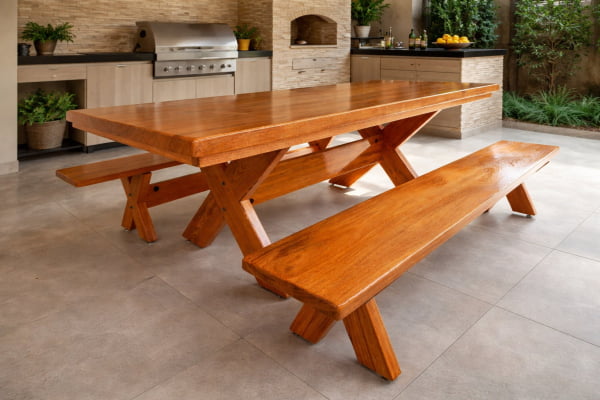 Mesa Rústica Tampão(2,40mts x 86cm x 5,5cm) com 2 bancos (2,40mts x 35cm x 4cm) Madeira Maciça Angelim pedra - Verniz Auto Brilho - Pés da Mesa/Banco formato X