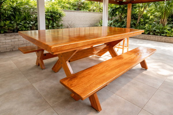 Mesa Rústica Tampão(2,40mts x 86cm x 5,5cm) com 2 bancos (2,40mts x 35cm x 4cm) Madeira Maciça Angelim pedra - Verniz Auto Brilho - Pés da Mesa/Banco formato X