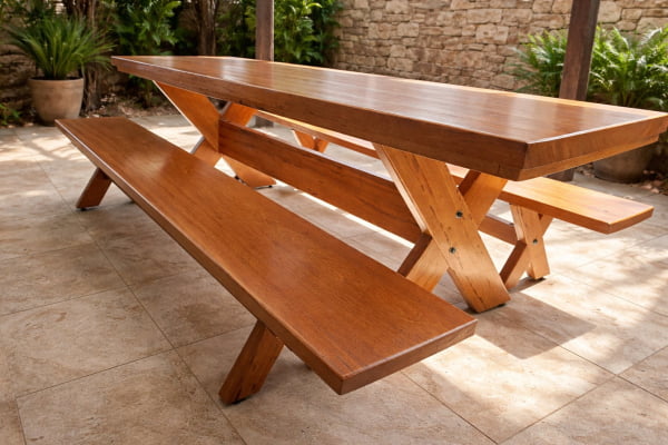 Mesa Rústica Tampão(2,40mts x 86cm x 5,5cm) com 2 bancos (2,40mts x 35cm x 4cm) Madeira Maciça Angelim pedra - Verniz Auto Brilho - Pés da Mesa/Banco formato X