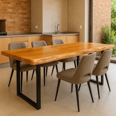 01 Conjunto de Mesa Rústica Tampão (250cm x 85cm x 5,5cm) Bordas Orgânicas no tampão e Pés da Mesa formato Taça com 02 Bancos Rústicos Tampão(250cm x 36cm x 4cm) - Madeira Garapeira – Acabamento Verniz  - 08 Lugares