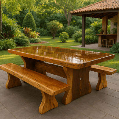 01 Conjunto de Mesa Rústica Tampão (250cm x 85cm x 5,5cm) Bordas Orgânicas no tampão e Pés da Mesa formato Taça com 02 Bancos Rústicos Tampão(250cm x 36cm x 4cm) - Madeira Garapeira – Acabamento Verniz  - 08 Lugares