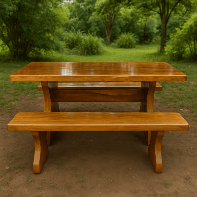 01 Conjunto de Mesa Rústica Tampão (250cm x 85cm x 5,5cm) Bordas Orgânicas no tampão e Pés da Mesa formato Taça com 02 Bancos Rústicos Tampão(250cm x 36cm x 4cm) - Madeira Garapeira – Acabamento Verniz  - 08 Lugares