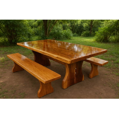 01 Conjunto de Mesa Rústica Tampão (250cm x 85cm x 5,5cm) Bordas Orgânicas no tampão e Pés da Mesa formato Taça com 02 Bancos Rústicos Tampão(250cm x 36cm x 4cm) - Madeira Garapeira – Acabamento Verniz  - 08 Lugares