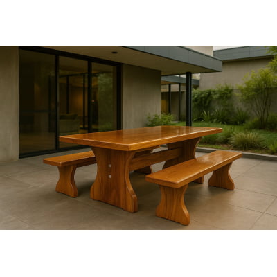 01 Conjunto de Mesa Rústica Tampão (250cm x 85cm x 5,5cm) Bordas Orgânicas no tampão e Pés da Mesa formato Taça com 02 Bancos Rústicos Tampão(250cm x 36cm x 4cm) - Madeira Garapeira – Acabamento Verniz  - 08 Lugares