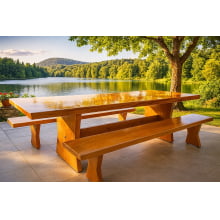 Conjunto Mesa Rústica (300cm x 90cm) com 2 Bancos Rústicos (300cmX 36cm) de Madeira Maciça de Garapeira – Pés Formato Taça - Acabamento Verniz Incolor Auto brilho - 10 lugares 