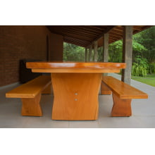 Conjunto Mesa Rústica (300cm x 90cm) com 2 Bancos Rústicos (300cmX 36cm) de Madeira Maciça de Garapeira – Pés Formato Taça - Acabamento Verniz Incolor Auto brilho - 10 lugares 