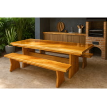 Conjunto Mesa Rústica (300cm x 90cm) com 2 Bancos Rústicos (300cmX 36cm) de Madeira Maciça de Garapeira – Pés Formato Taça - Acabamento Verniz Incolor Auto brilho - 10 lugares 