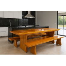 Conjunto Mesa Rústica (300cm x 90cm) com 2 Bancos Rústicos (300cmX 36cm) de Madeira Maciça de Garapeira – Pés Formato Taça - Acabamento Verniz Incolor Auto brilho - 10 lugares 