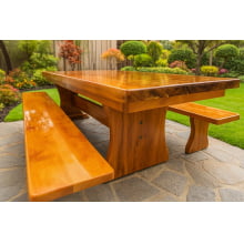 Conjunto Mesa Rústica (300cm x 90cm) com 2 Bancos Rústicos (300cmX 36cm) de Madeira Maciça de Garapeira – Pés Formato Taça - Acabamento Verniz Incolor Auto brilho - 10 lugares 