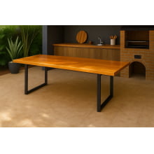 Conjunto Mesa Rústica (300cm x 90cm) com 2 Bancos Rústicos (300cmX 36cm) de Madeira Maciça de Garapeira – Pés Formato Taça - Acabamento Verniz Incolor Auto brilho - 10 lugares 